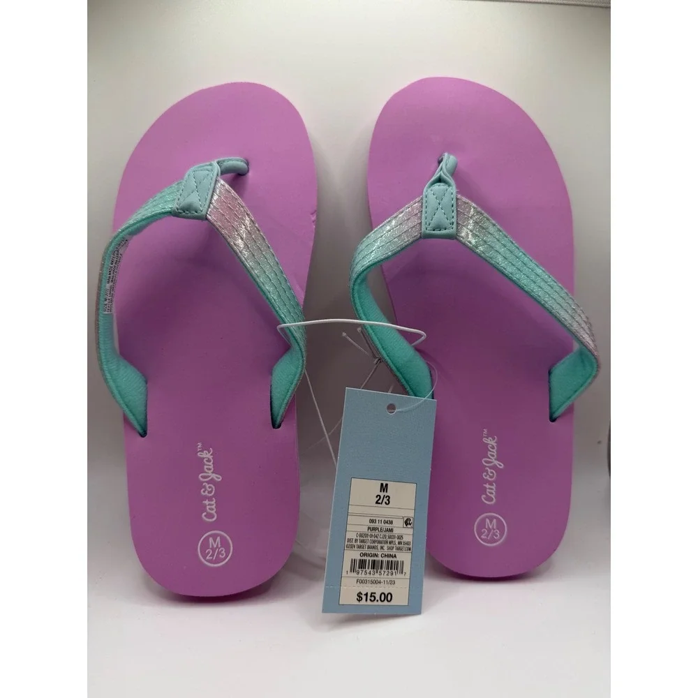 Cat & Jack Kids Purple Teal Glitter Flip Flop Sandals Size M 2/3 Jami Sparkle